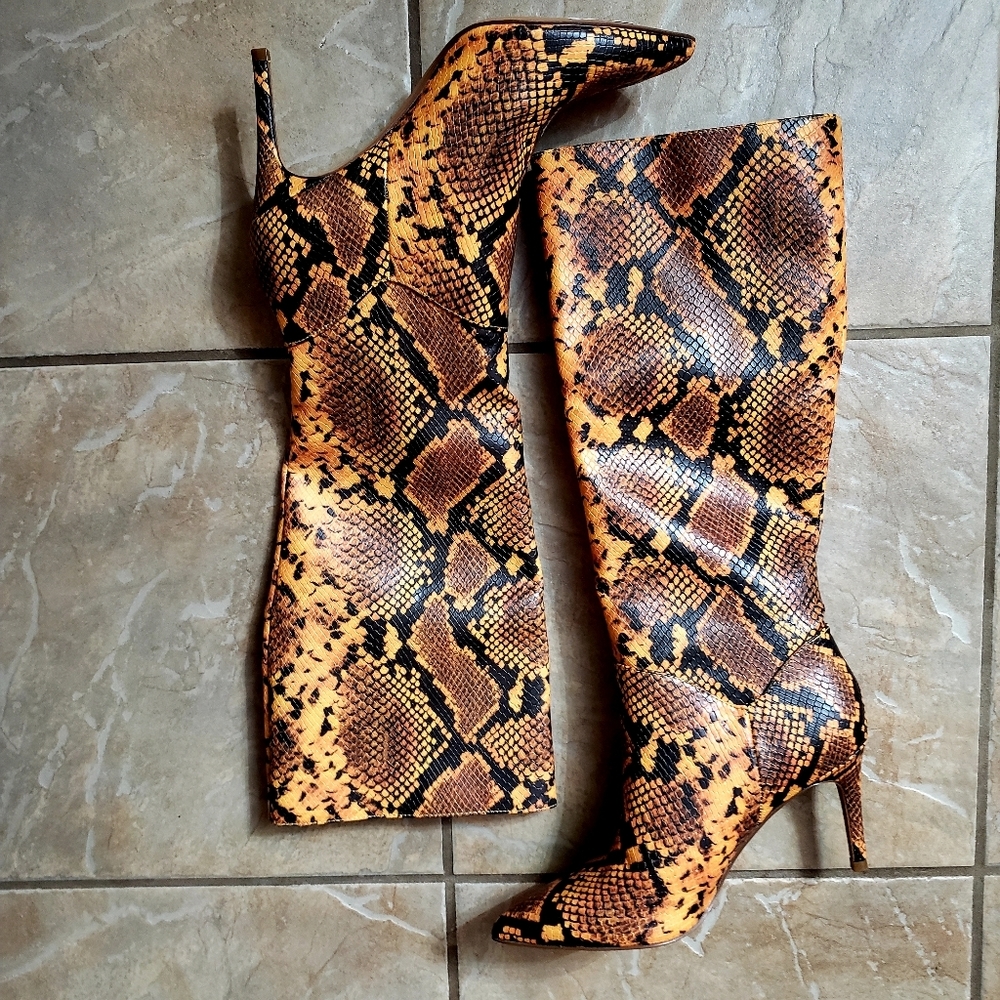 Steve Madden Yellow Snake-Print Knee Boots - Picture 2 of 8